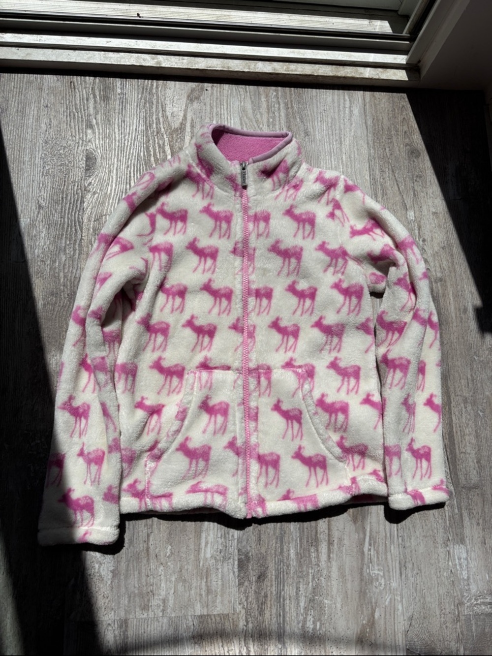 Hatley Kids Cream Fleece Jacket with Pink Deer Print